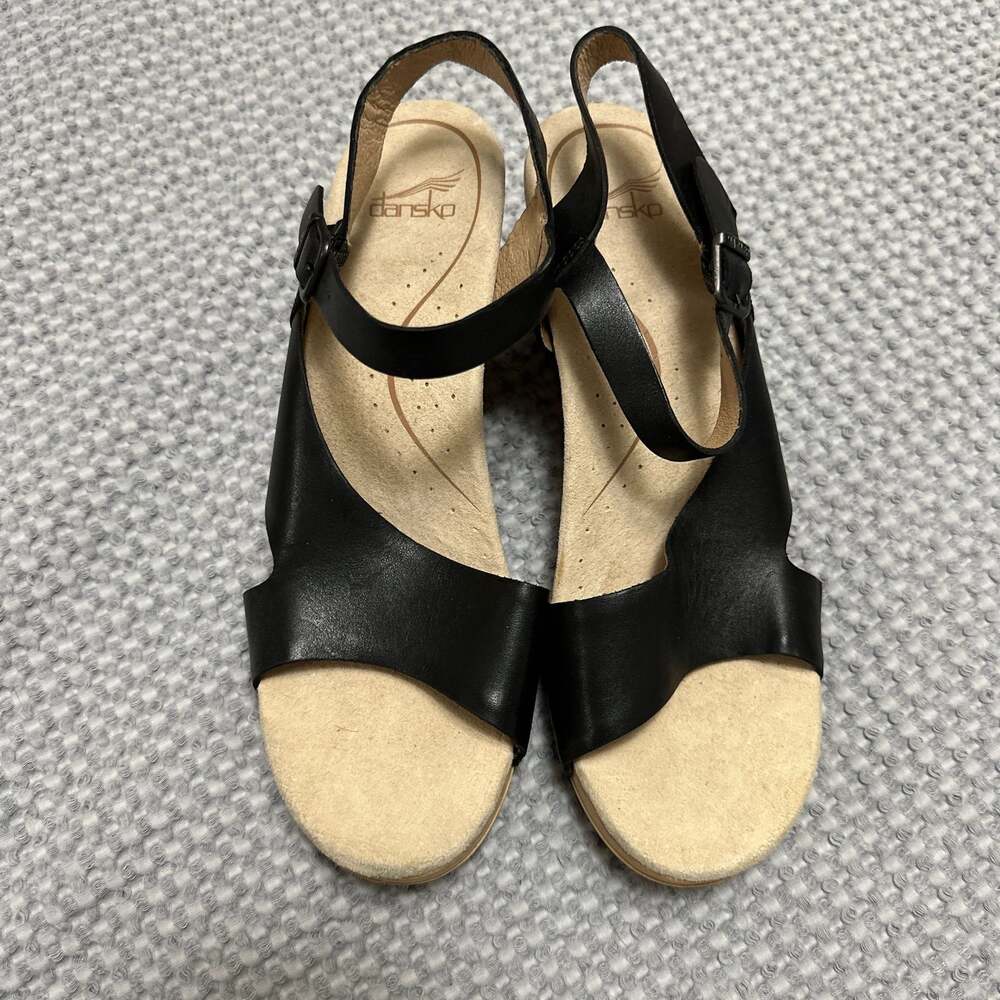 Dansko Tasha Black Leather Slingback Wedge Clog Sandals